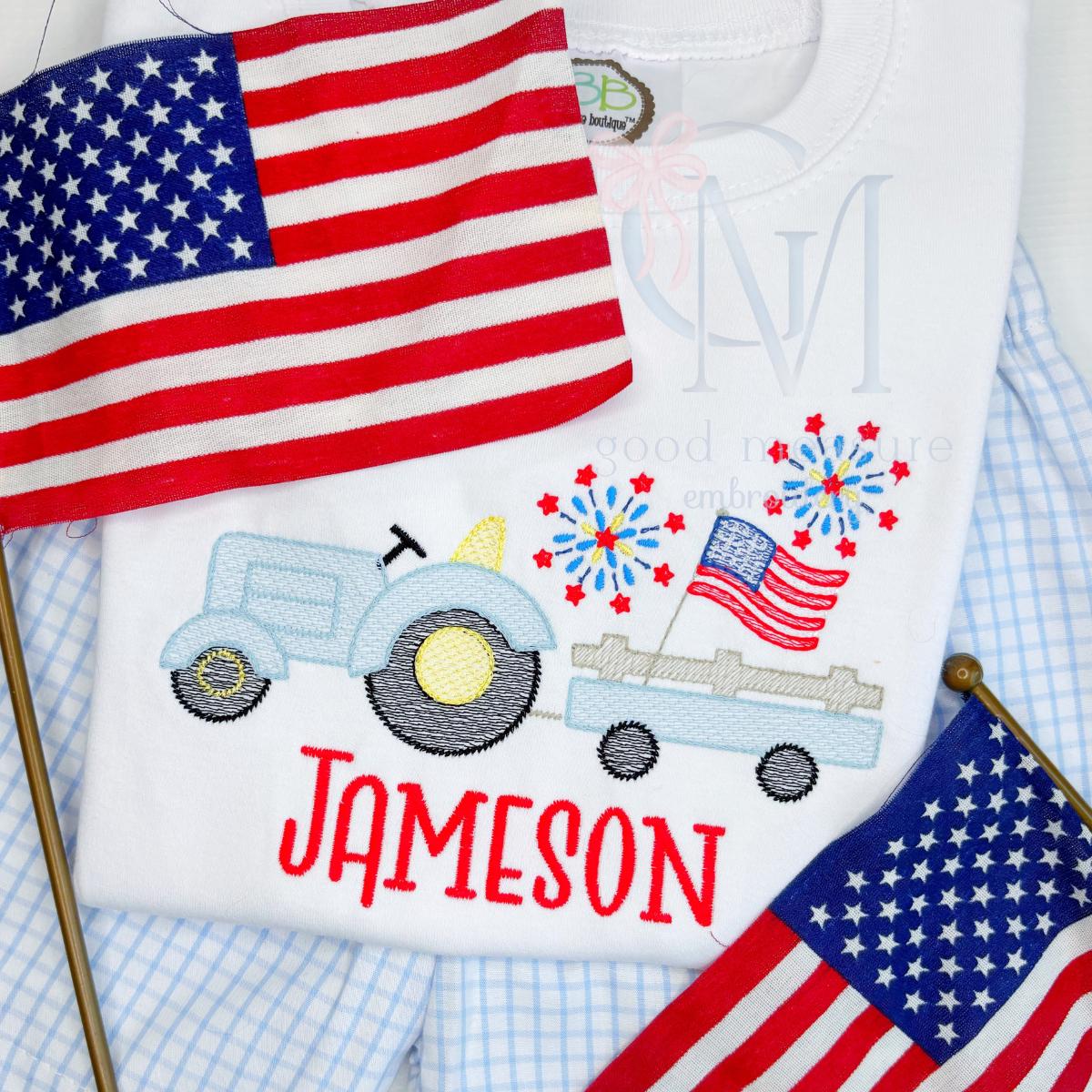 Patriotic Tractor with Fireworks Embroidery Design