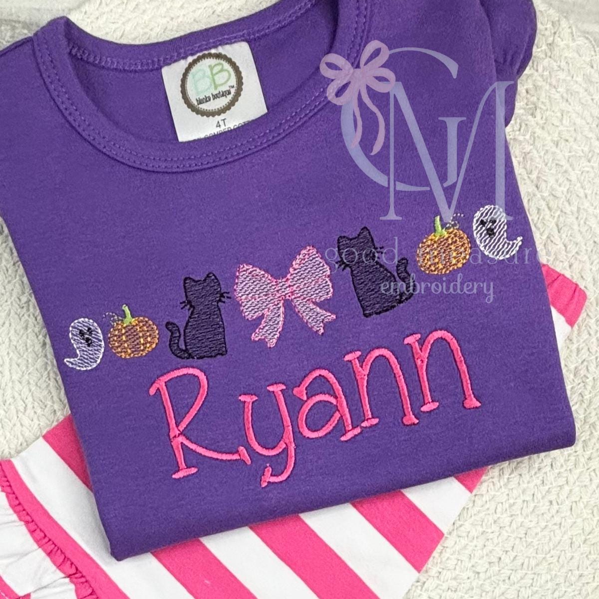 Halloween Cat Ghost Bow Sketch Embroidery Design