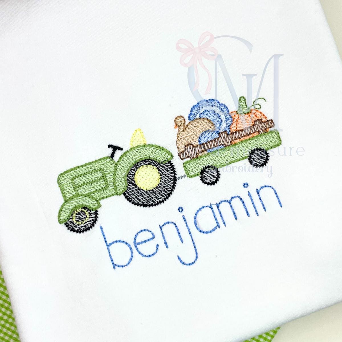 Sketch Tractor with Turkey and Pumpkin Embroidery Design