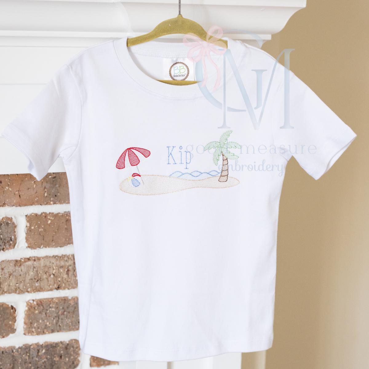 Island Beach Umbrella and Ocean Sketch Embroidery Design