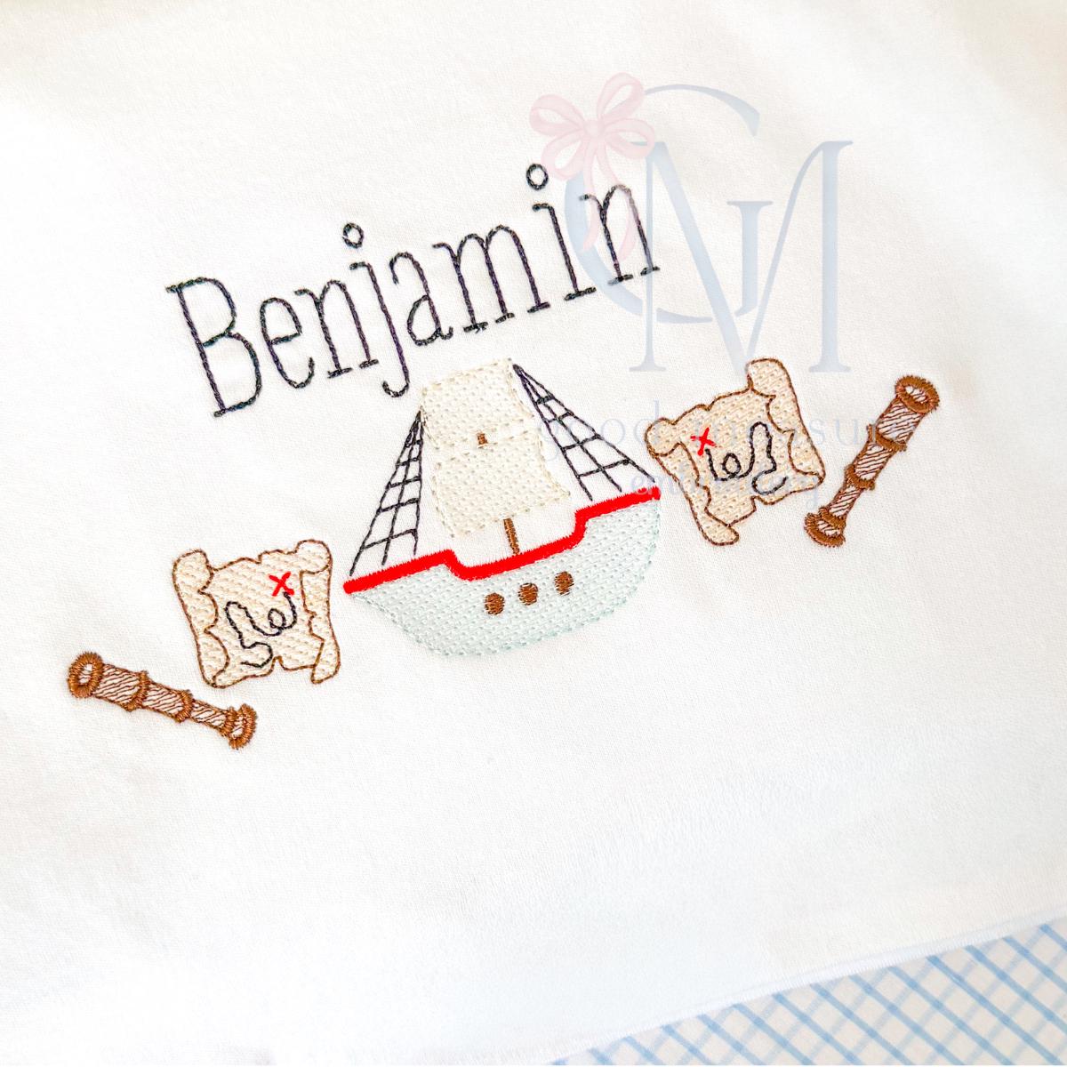 Pirate Ship and Treasure Map Sketch Embroidery Design