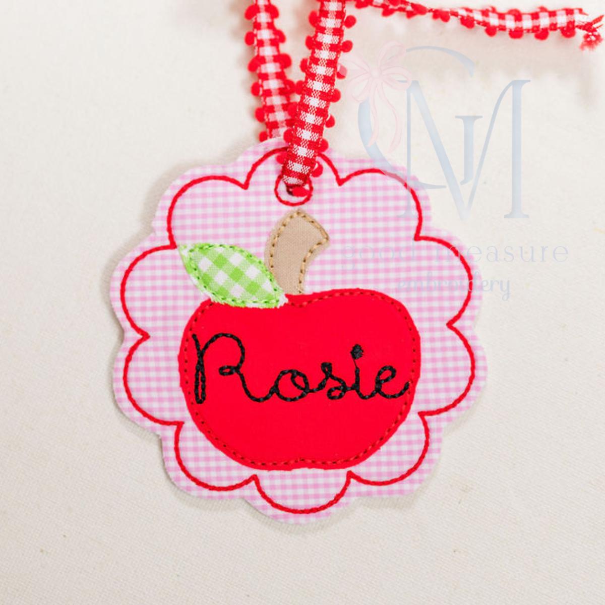 In the Hoop Bean Scallop Apple Bag Tag Embroidery Design