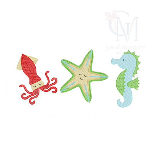 Boy Sea Creatures Trio Embroidery Design