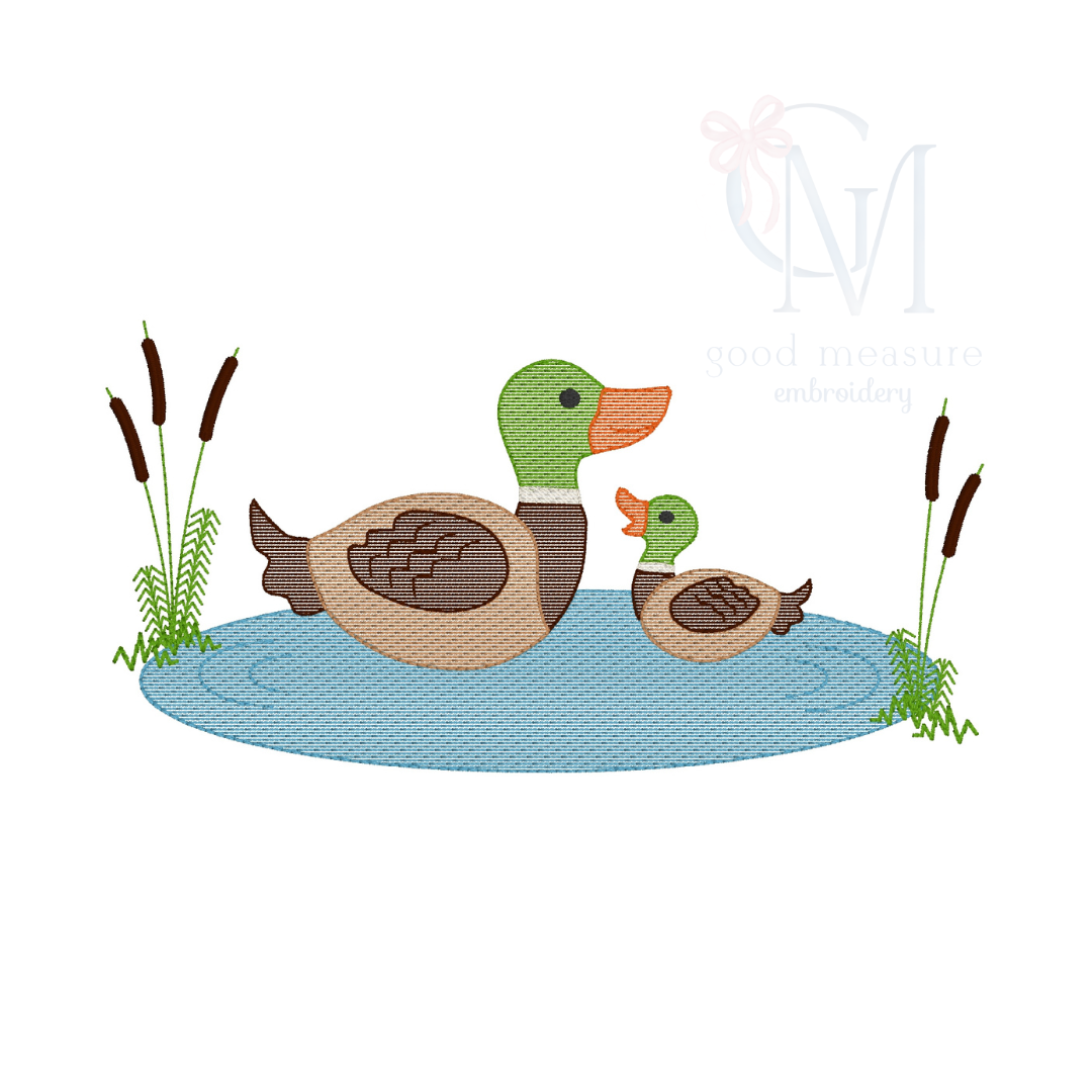 Mallard and Baby Duck Embroidery Design