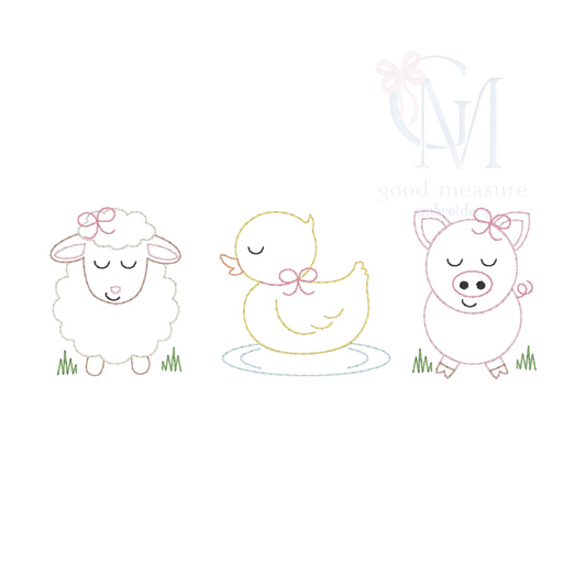 Baby Farm Animals Girly Trio Vintage Stitch Embroidery Design