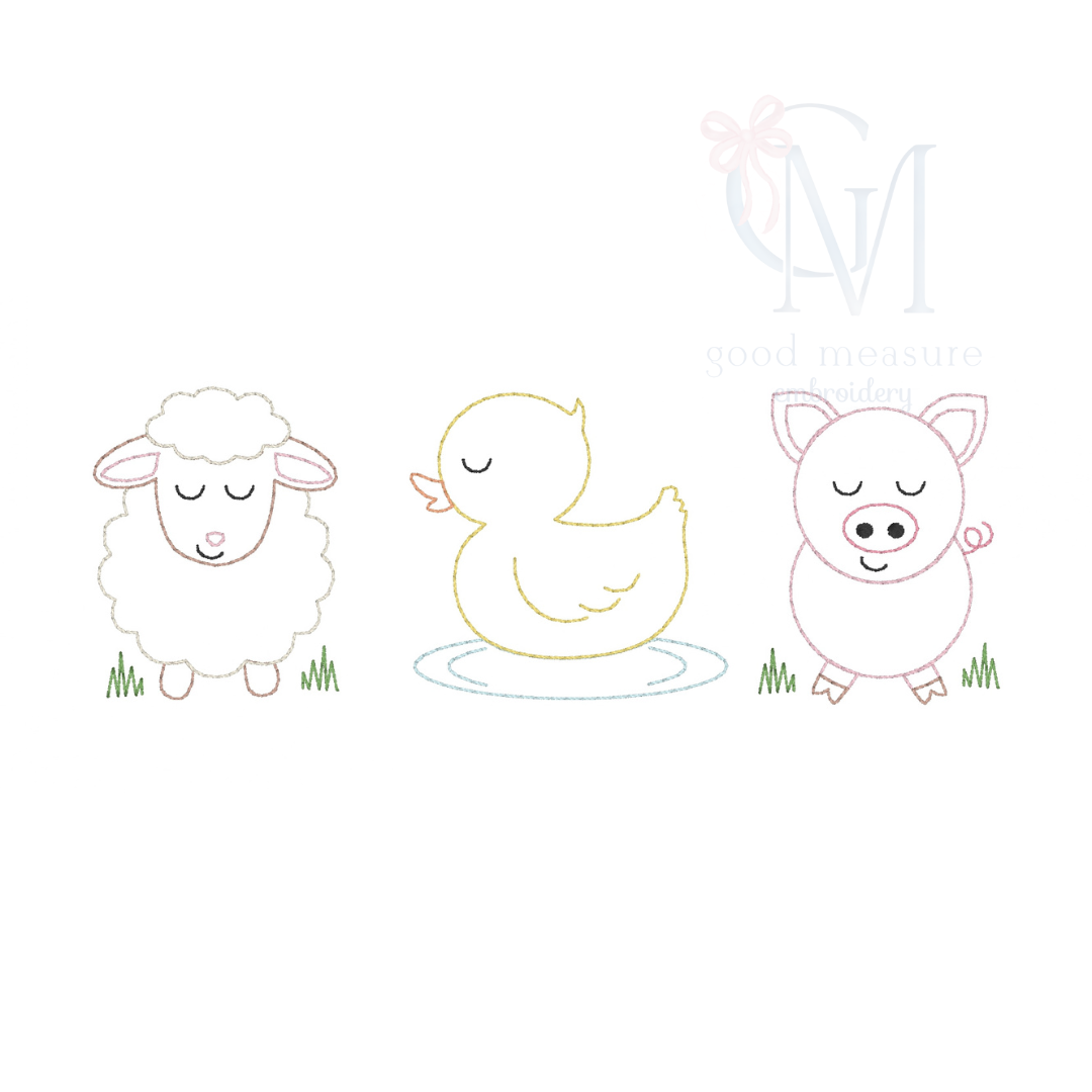 Baby Farm Animals Trio Vintage Stitch Embroidery Design