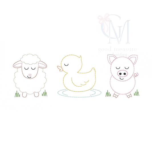 Baby Farm Animals Trio Vintage Stitch Embroidery Design