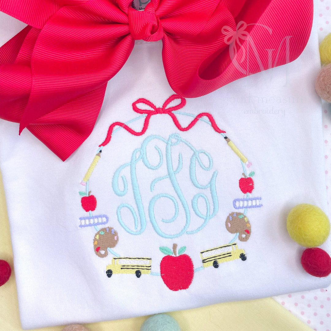 Back to School Monogram Frame with Bow Embroidery Design