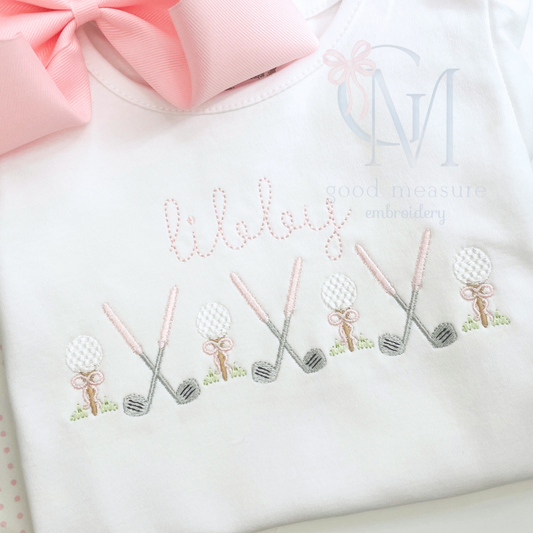 Golf Ball and Crossed Club with Bows Embroidery Design