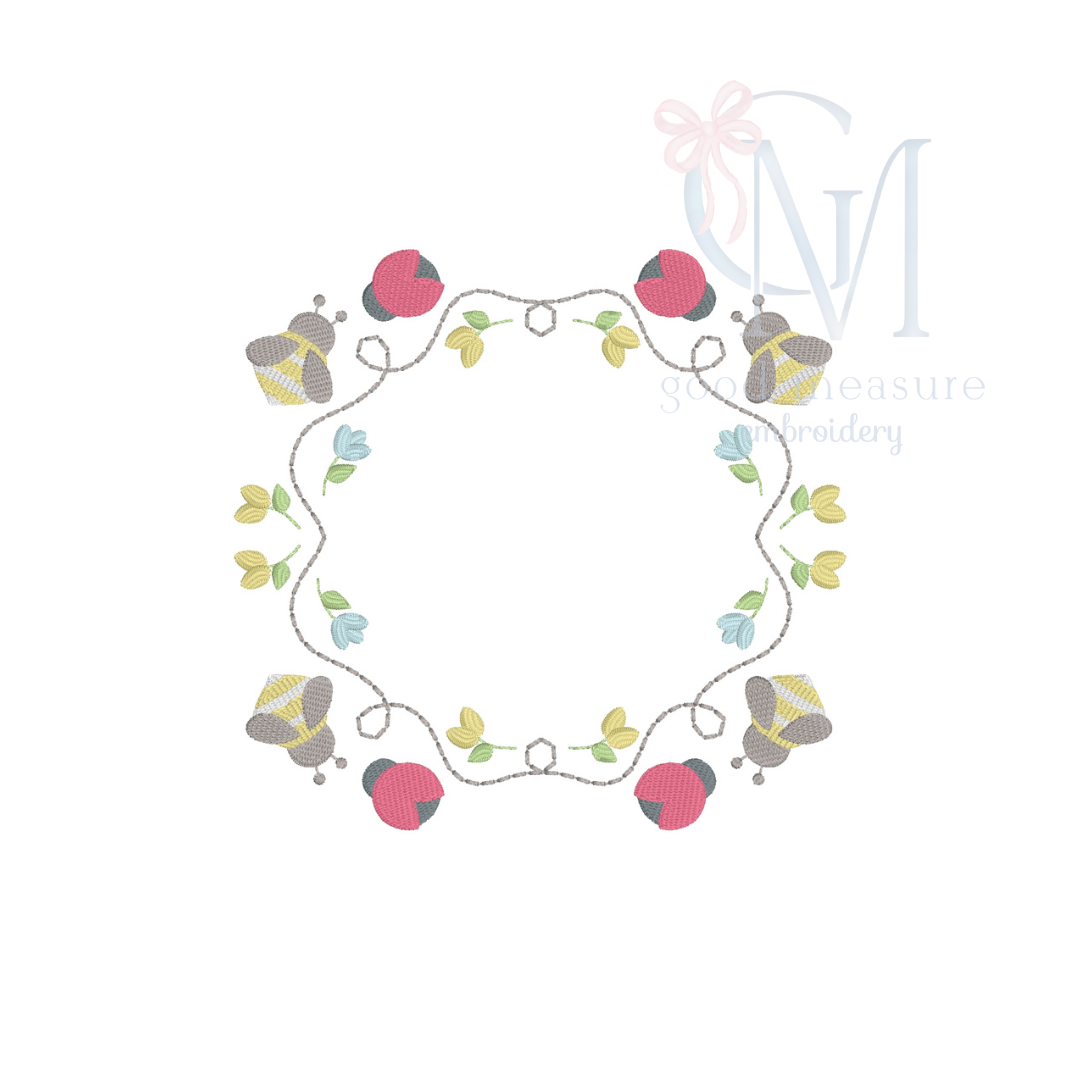 Honeybee Ladybug Frame Embroidery Design