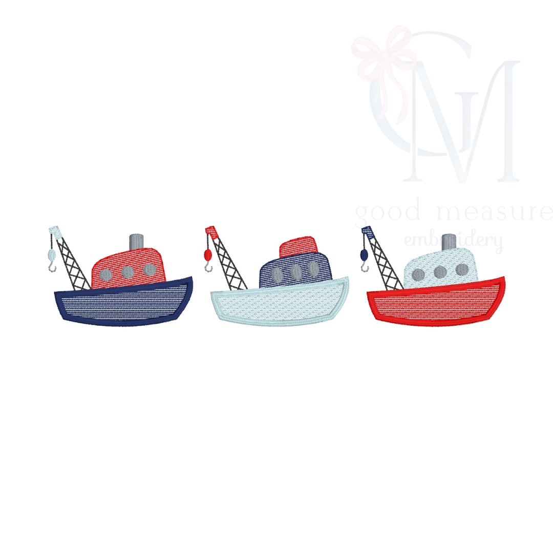 Tugboat Trio Embroidery Design