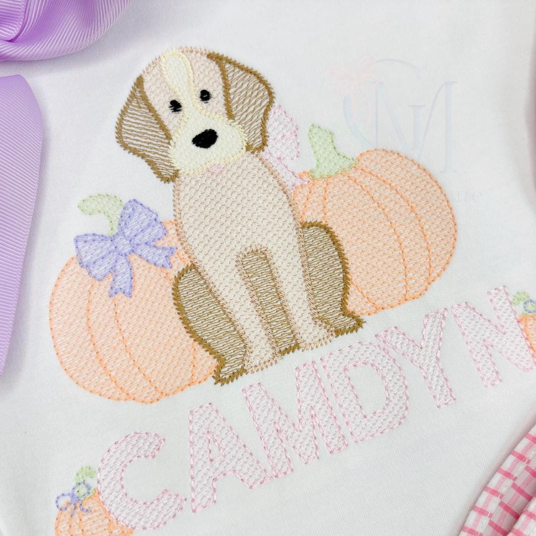 Sketch Girly Pup with Pumpkins Embroidery Design