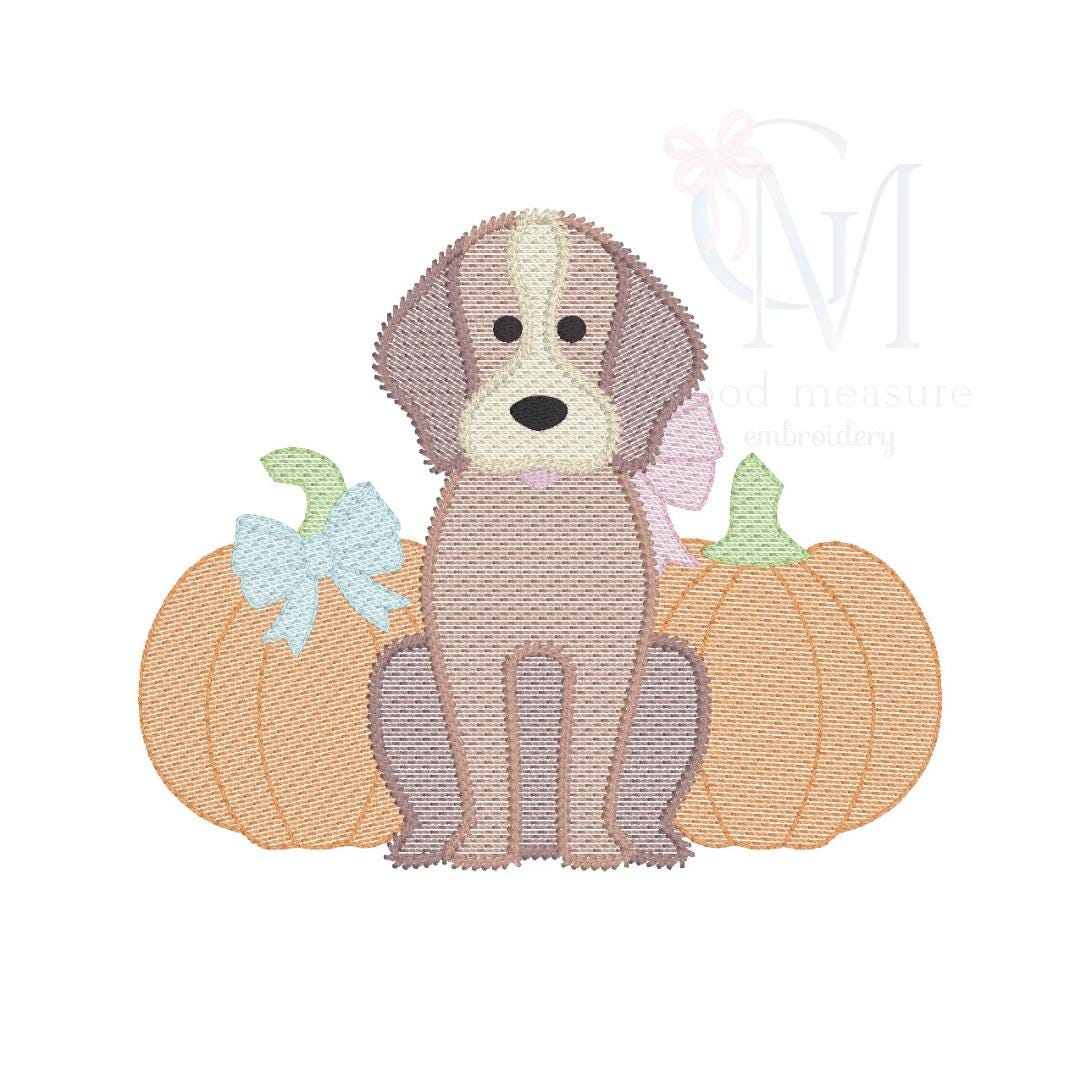 Sketch Girly Pup with Pumpkins Embroidery Design