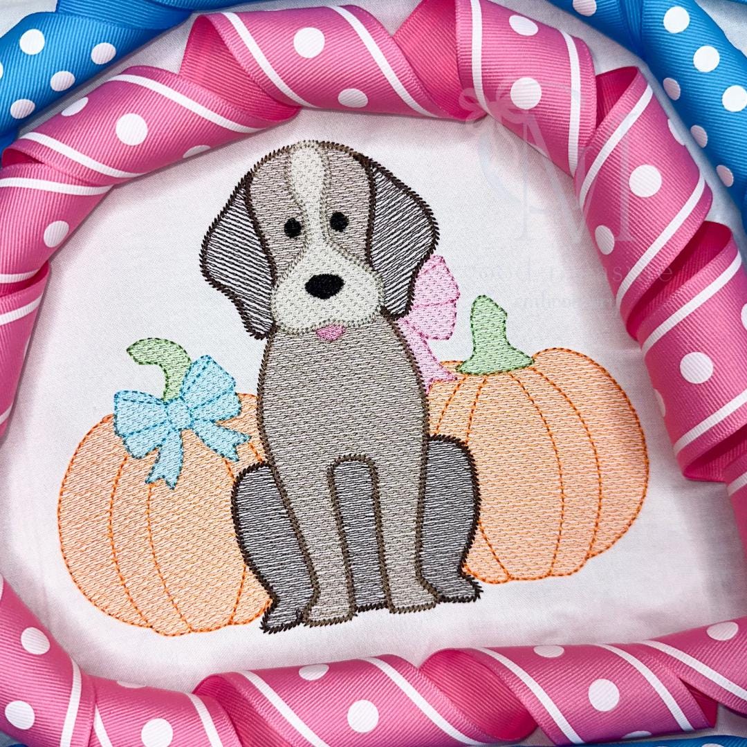 Sketch Girly Pup with Pumpkins Embroidery Design