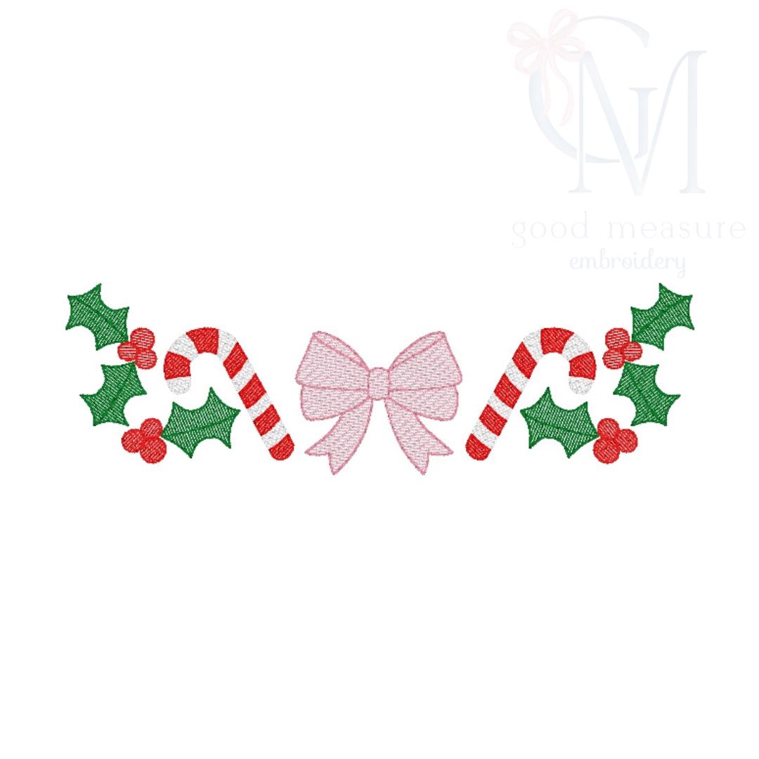 Bow Candy Canes and Holly Berries Sketch Machine Embroidery Design