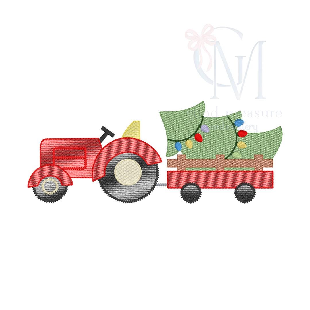 Tractor With Christmas Tree Trailer Embroidery Design