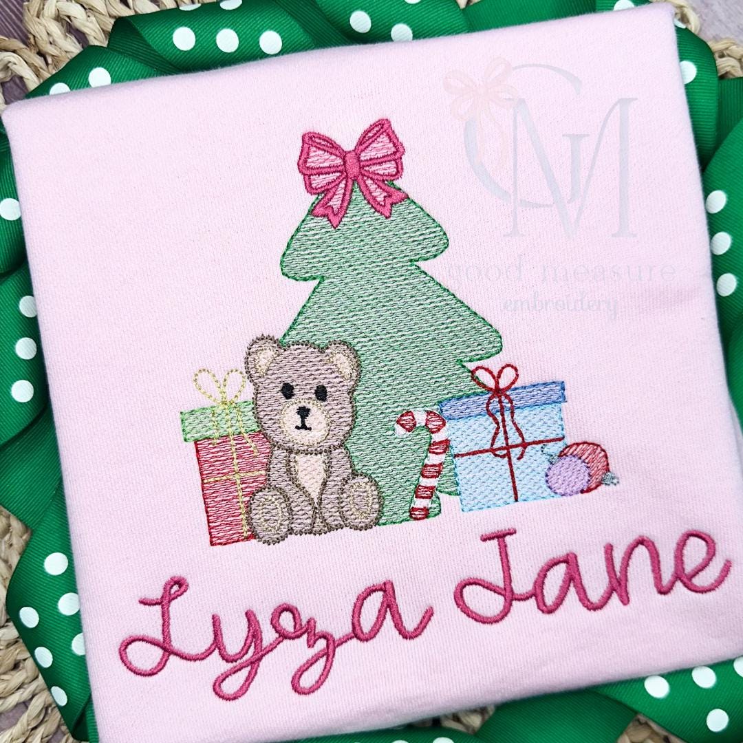 Christmas Presents and Teddy Bear with Bow Embroidery Design