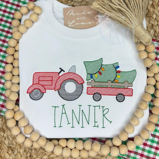 Tractor With Christmas Tree Trailer Embroidery Design