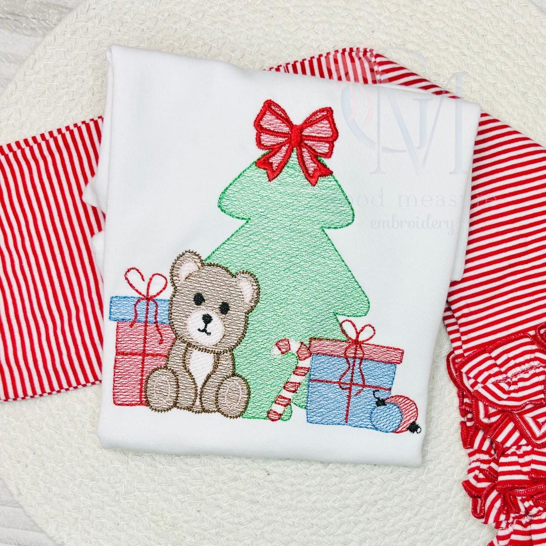 Christmas Presents and Teddy Bear with Bow Embroidery Design