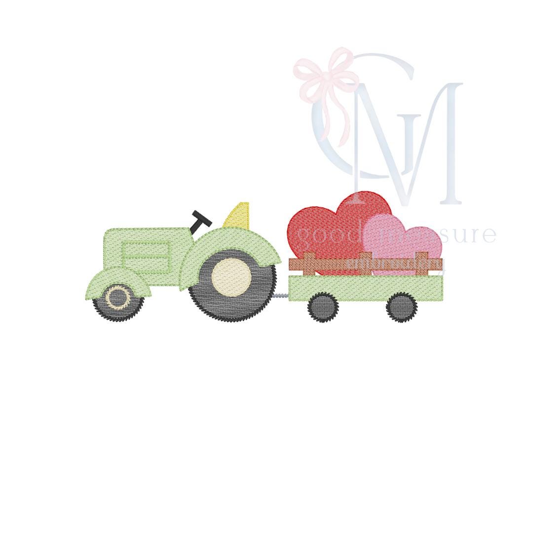 Sketch Tractor with Hearts Embroidery Design