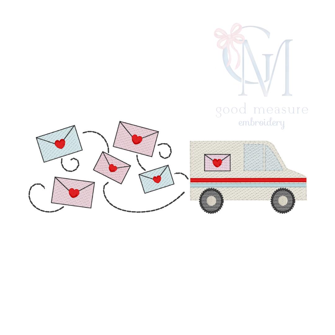 Sketch Valentines Mailman Truck Embroidery Design