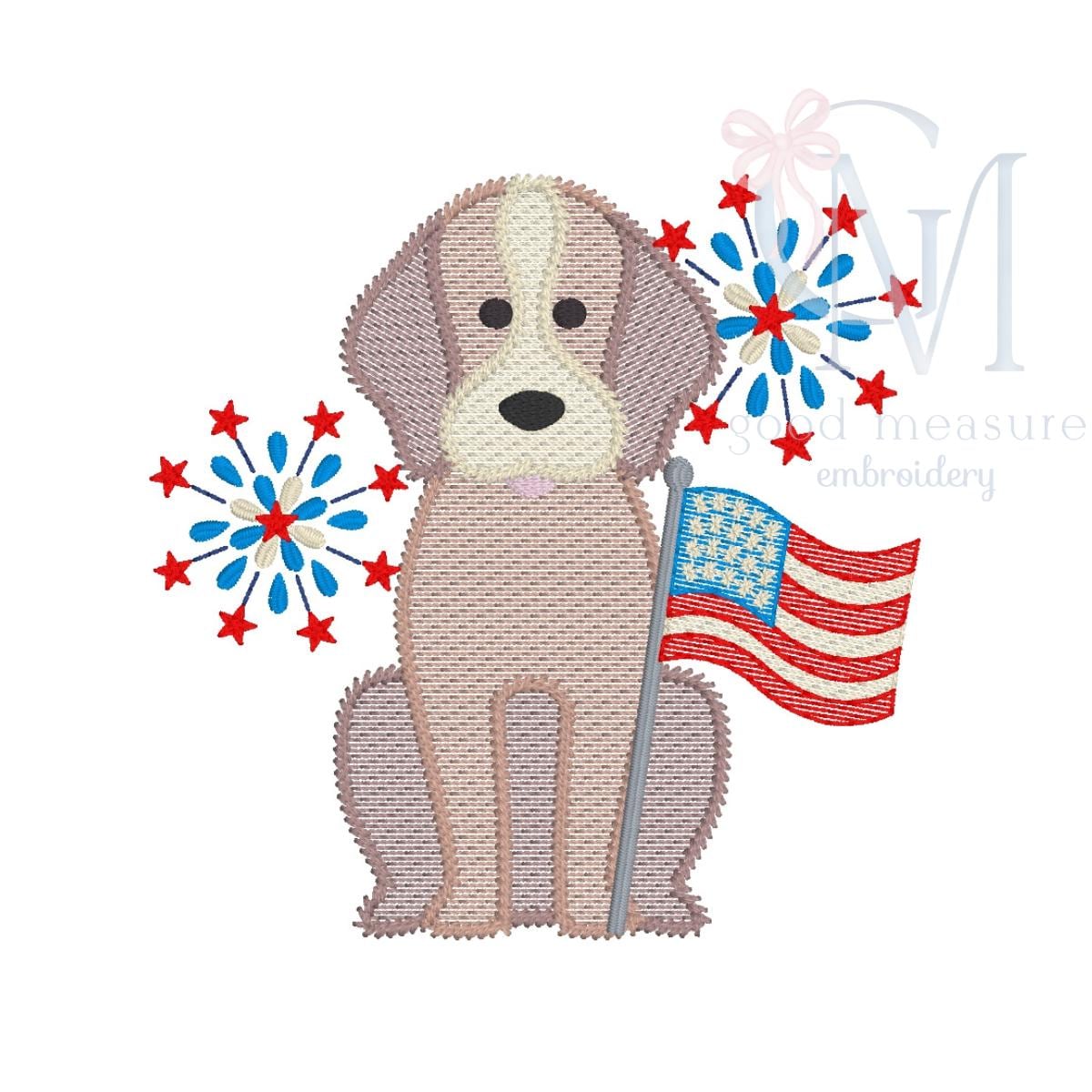 Patriotic Dog with Fireworks Embroidery Design – Good Measure Embroidery
