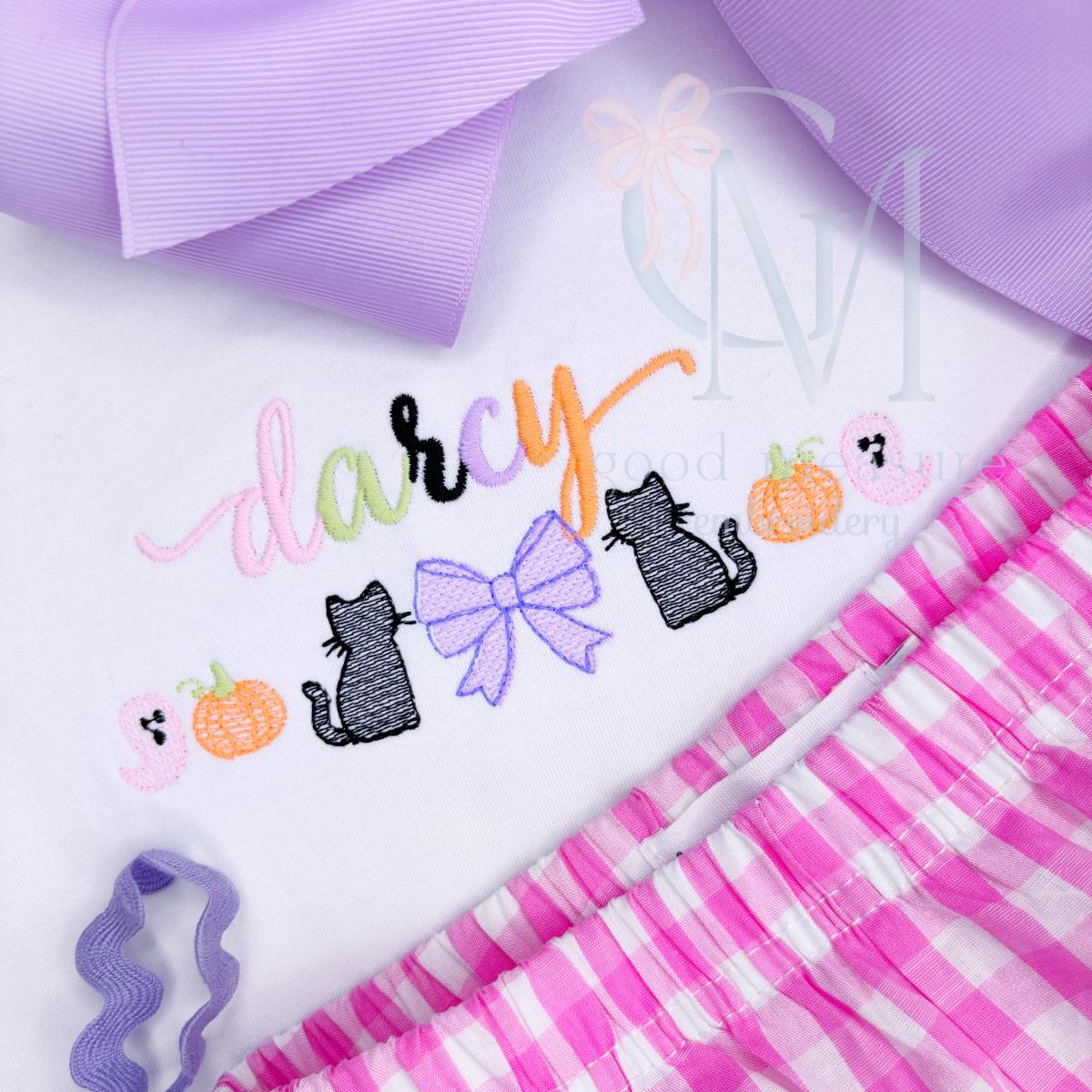 Halloween Cat Ghost Bow Sketch Embroidery Design