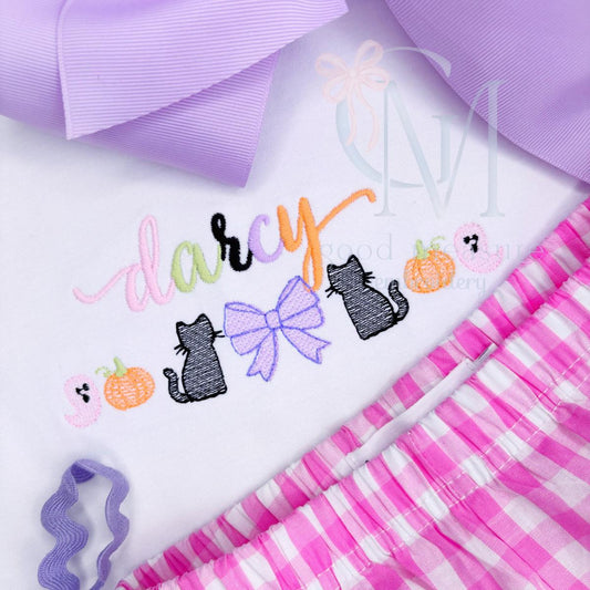 Halloween Cat Ghost Bow Sketch Embroidery Design