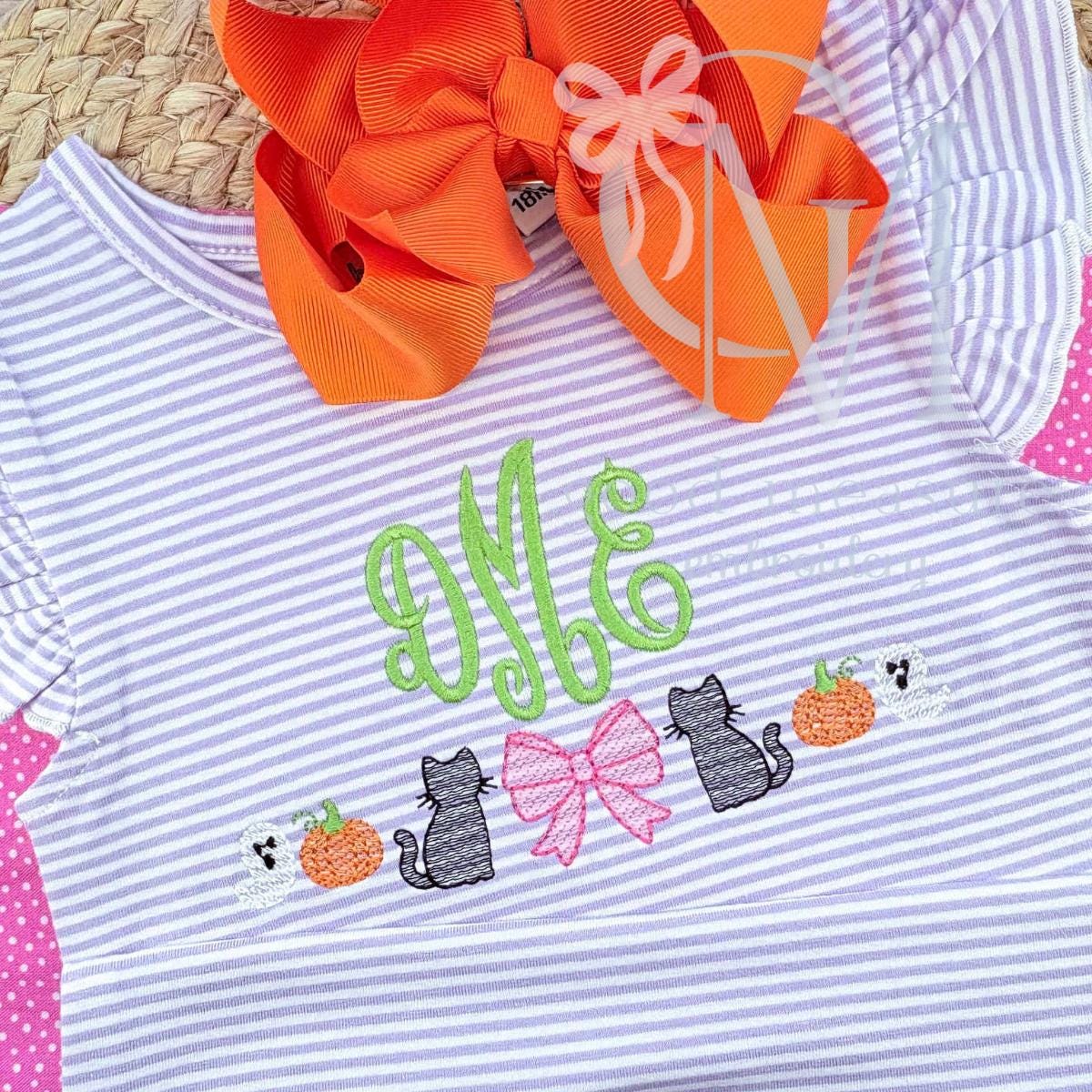 Halloween Cat Ghost Bow Sketch Embroidery Design