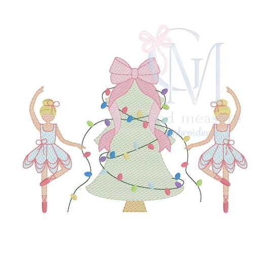 Sugar Plum Fairy and Christmas Tree Sketch Embroidery Design