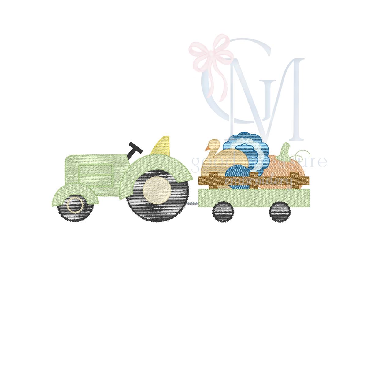 Sketch Tractor with Turkey and Pumpkin Embroidery Design