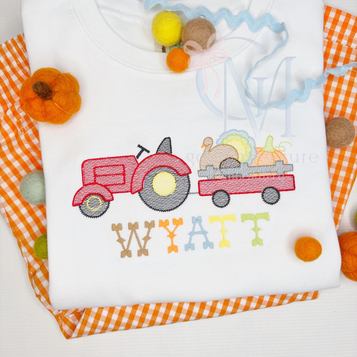 Sketch Tractor with Turkey and Pumpkin Embroidery Design