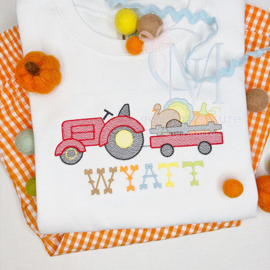 Sketch Tractor with Turkey and Pumpkin Embroidery Design