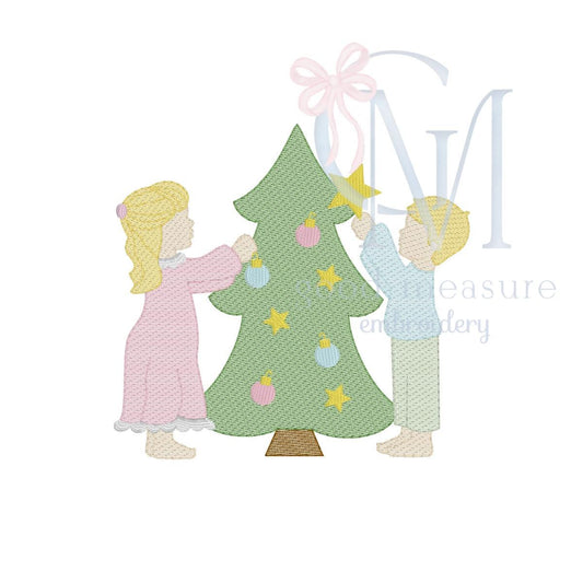 Children Decorating Christmas Tree Embroidery Design
