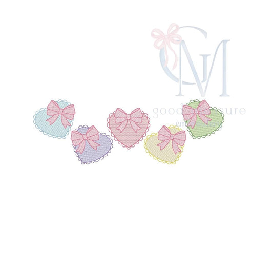 Scalloped Sketch Hearts with Bows Embroidery Design