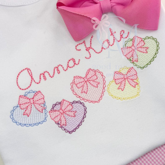 Scalloped Sketch Hearts with Bows Embroidery Design