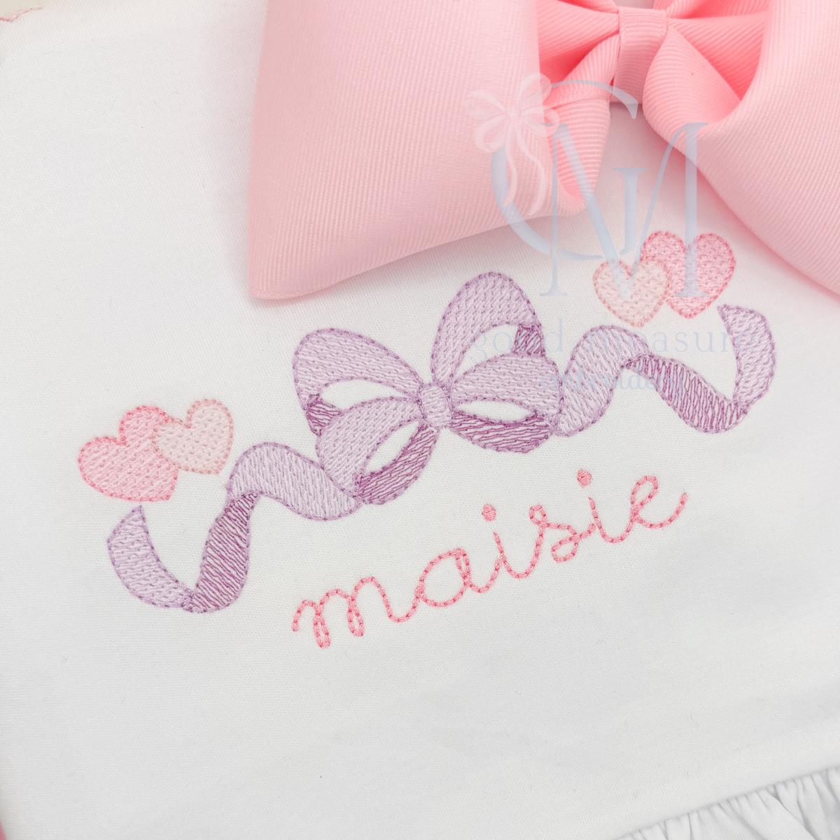 Sketch Two-Toned Bow with Hearts Valentines Embroidery Design