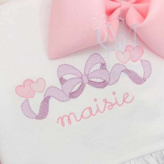 Sketch Two-Toned Bow with Hearts Valentines Embroidery Design