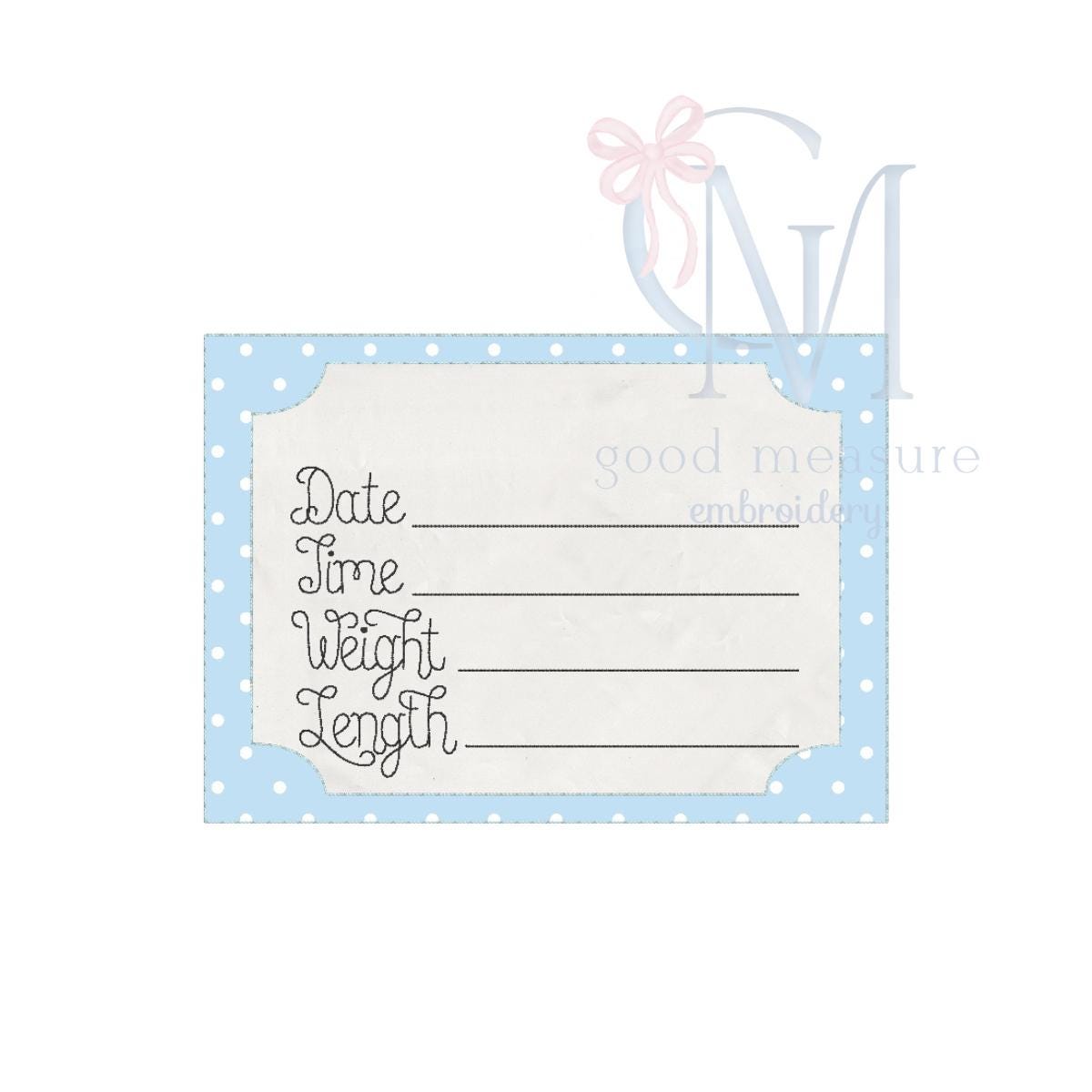 In the Hoop Boy Baby Stats Name Card Embroidery Design