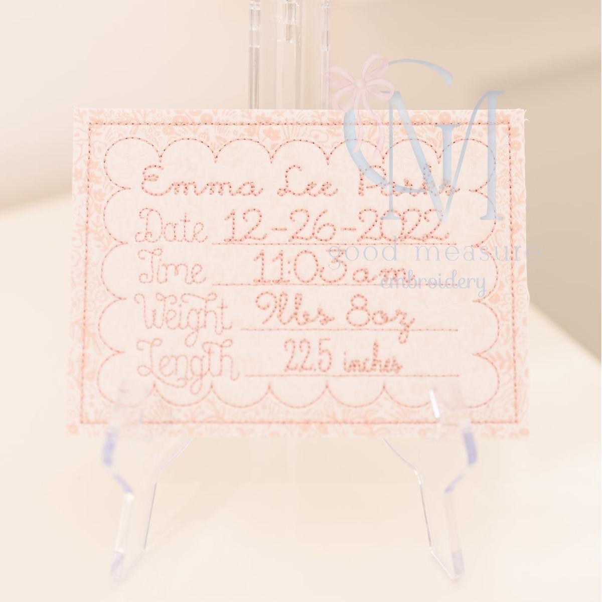 In the Hoop Scalloped Baby Stats Name Card Embroidery Design