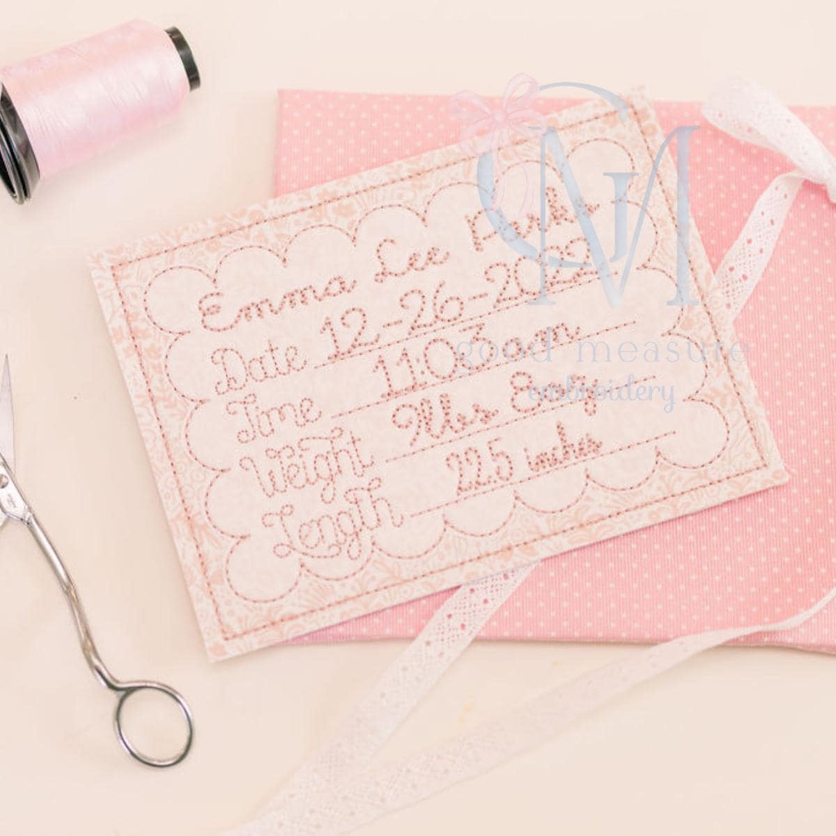 In the Hoop Scalloped Baby Stats Name Card Embroidery Design