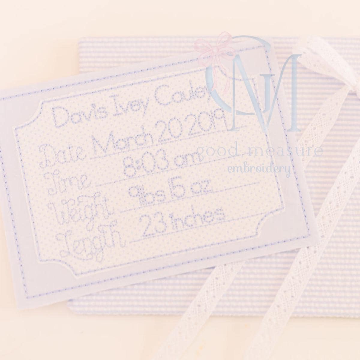 In the Hoop Boy Baby Stats Name Card Embroidery Design