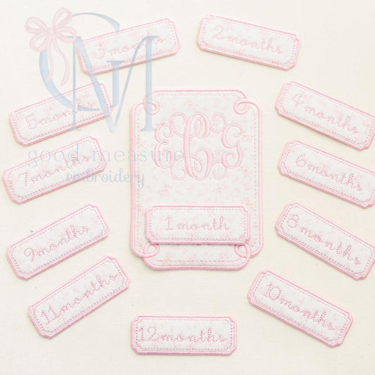 BUNDLE In the Hoop Curved Satin Edge Baby Monthly Milestone Card AND Labels Machine Embroidery Design