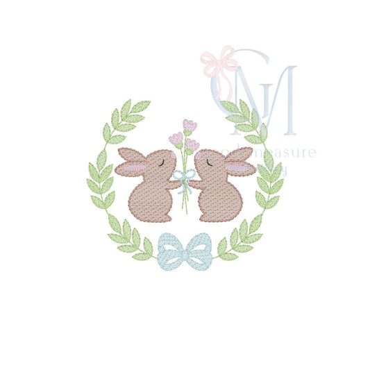 Bunny Pair Floral Wreath Easter Embroidery Design