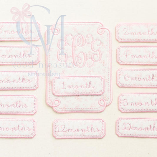 BUNDLE In the Hoop Curved Satin Edge Baby Monthly Milestone Card AND Labels Machine Embroidery Design