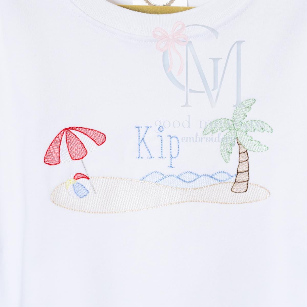 Island Beach Umbrella and Ocean Sketch Embroidery Design