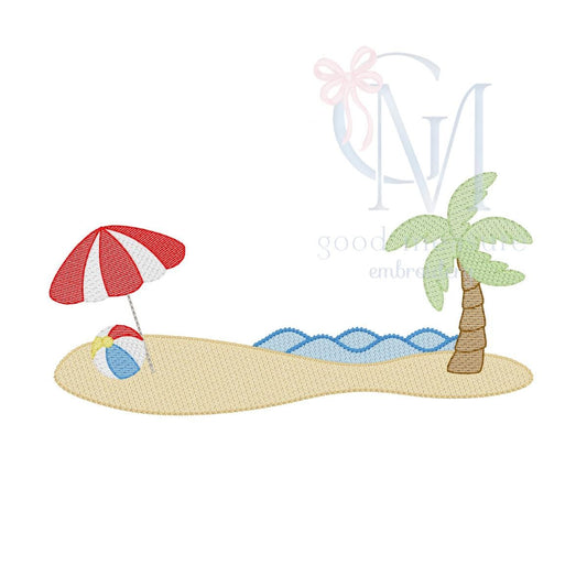 Island Beach Umbrella and Ocean Sketch Embroidery Design