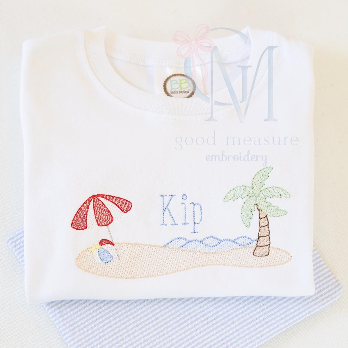 Island Beach Umbrella and Ocean Sketch Embroidery Design