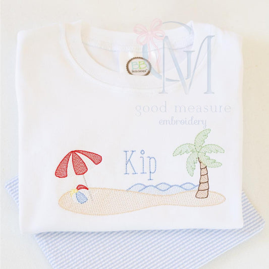 Island Beach Umbrella and Ocean Sketch Embroidery Design