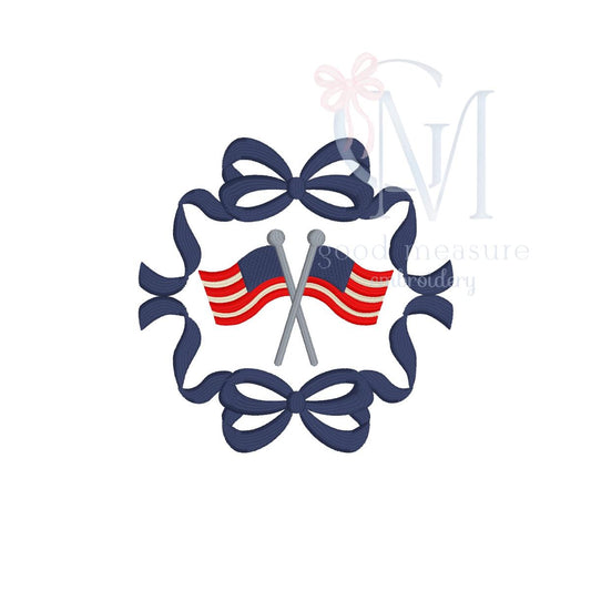 Bow Frame with Flags Patriotic Embroidery Design